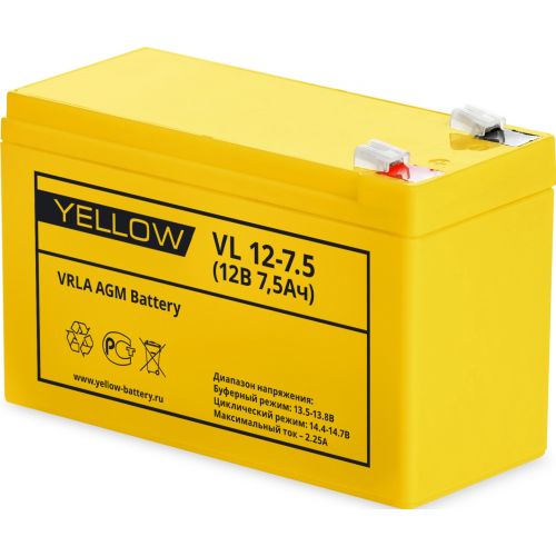 Аккумуляторная батарея YELLOW VL 12-7.5  YELLOW YELLOW VL 12-7.5 - купить оптом, цена от 1 шт., аккумуляторная батарея yellow vl 12-7.5 от поставщика